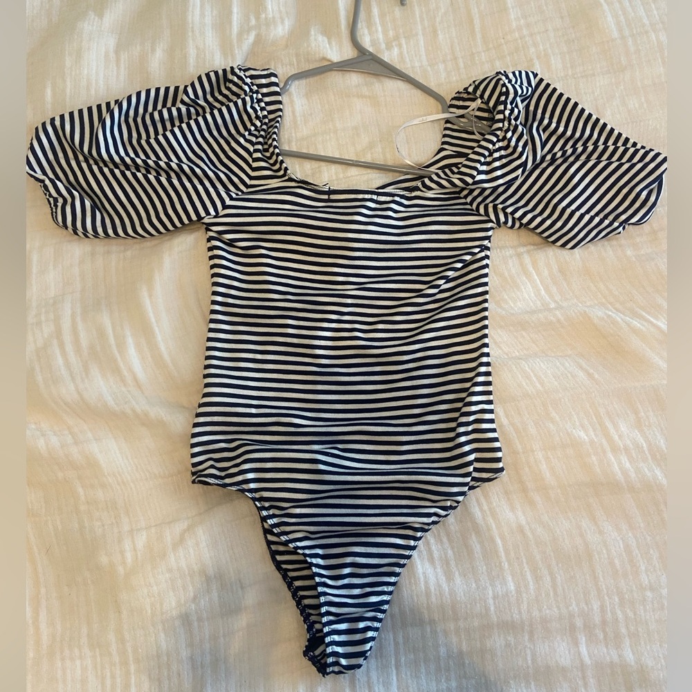 NWT Lulu’s Tie Fidelity Navy Blue and White Striped
Tie-Front Bodysuit - Picture 7 of 10